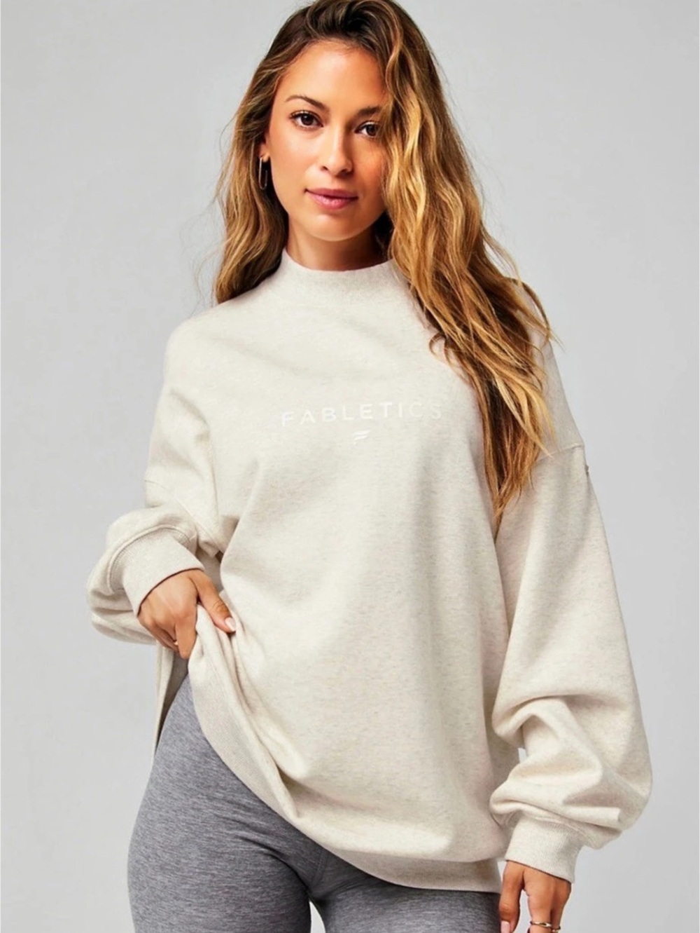 Fabletics Cozy Fleece Oversized Mock Neck Sweatshirt Cream